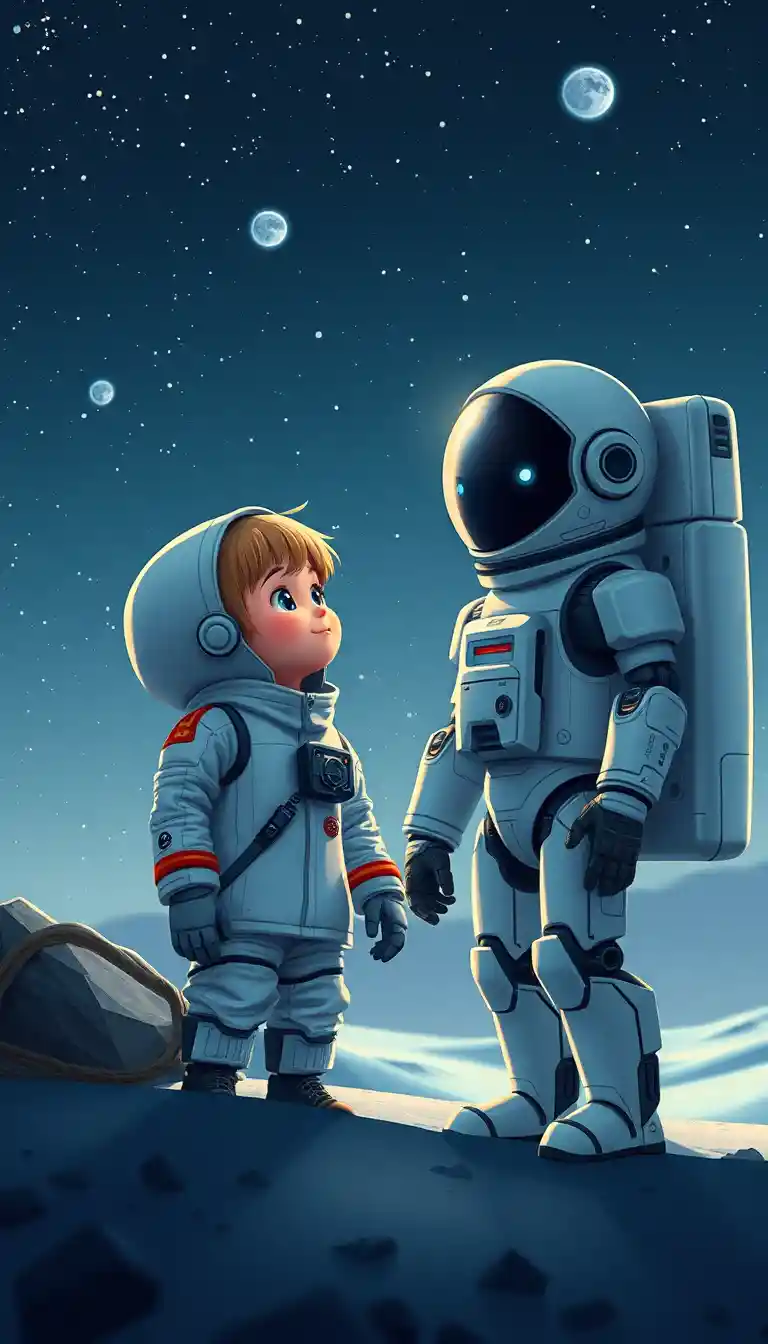 Young astronaut girl traveling through deep outer space