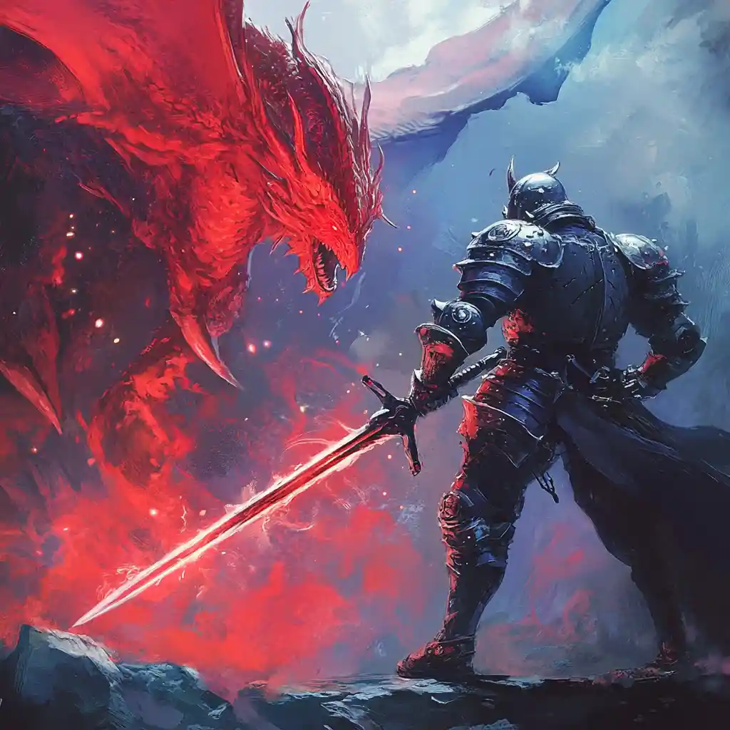 Anime knight in mecha armor dueling a red dragon