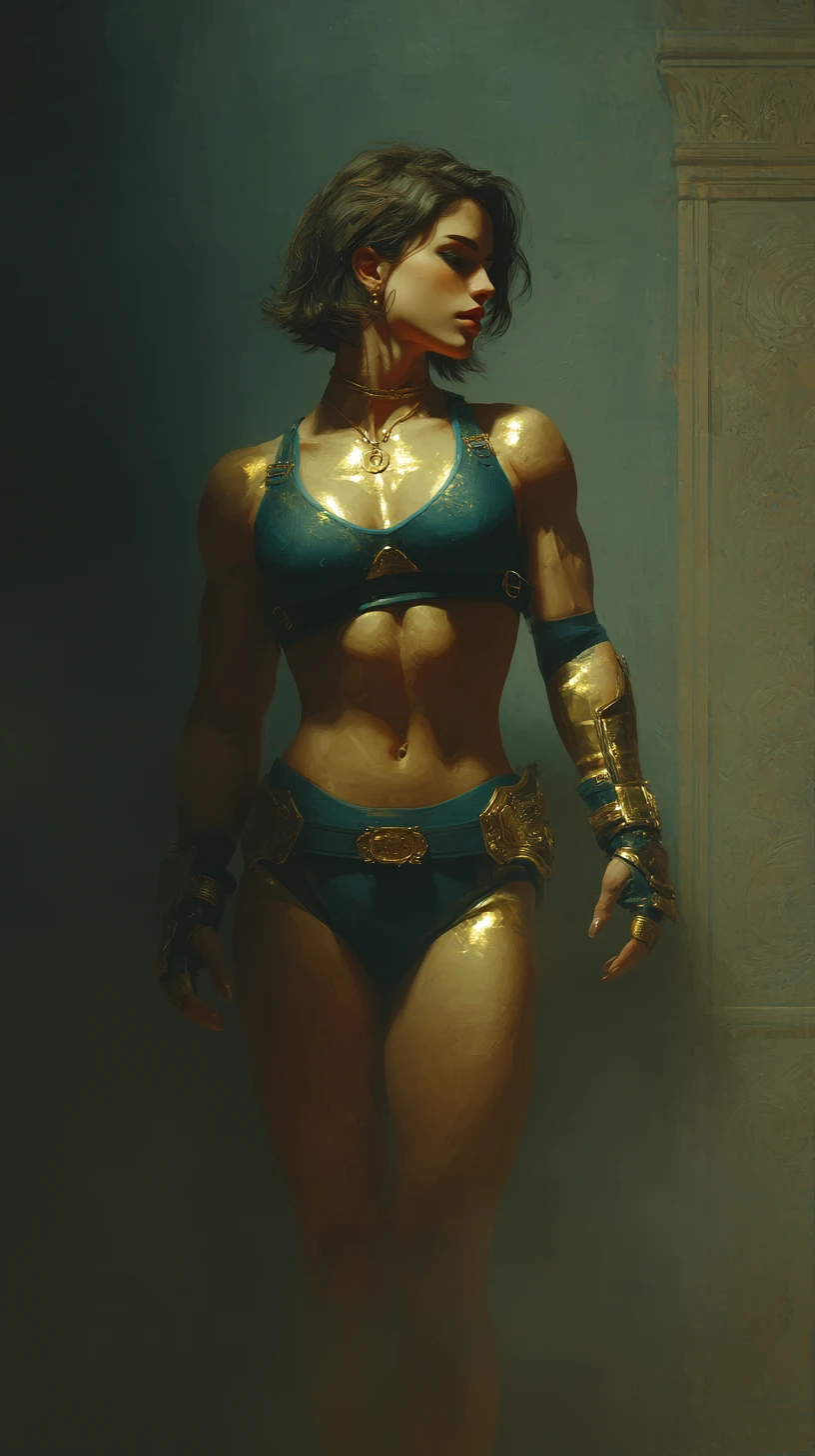 Muscular warrior woman posing in a luxurious palace interior