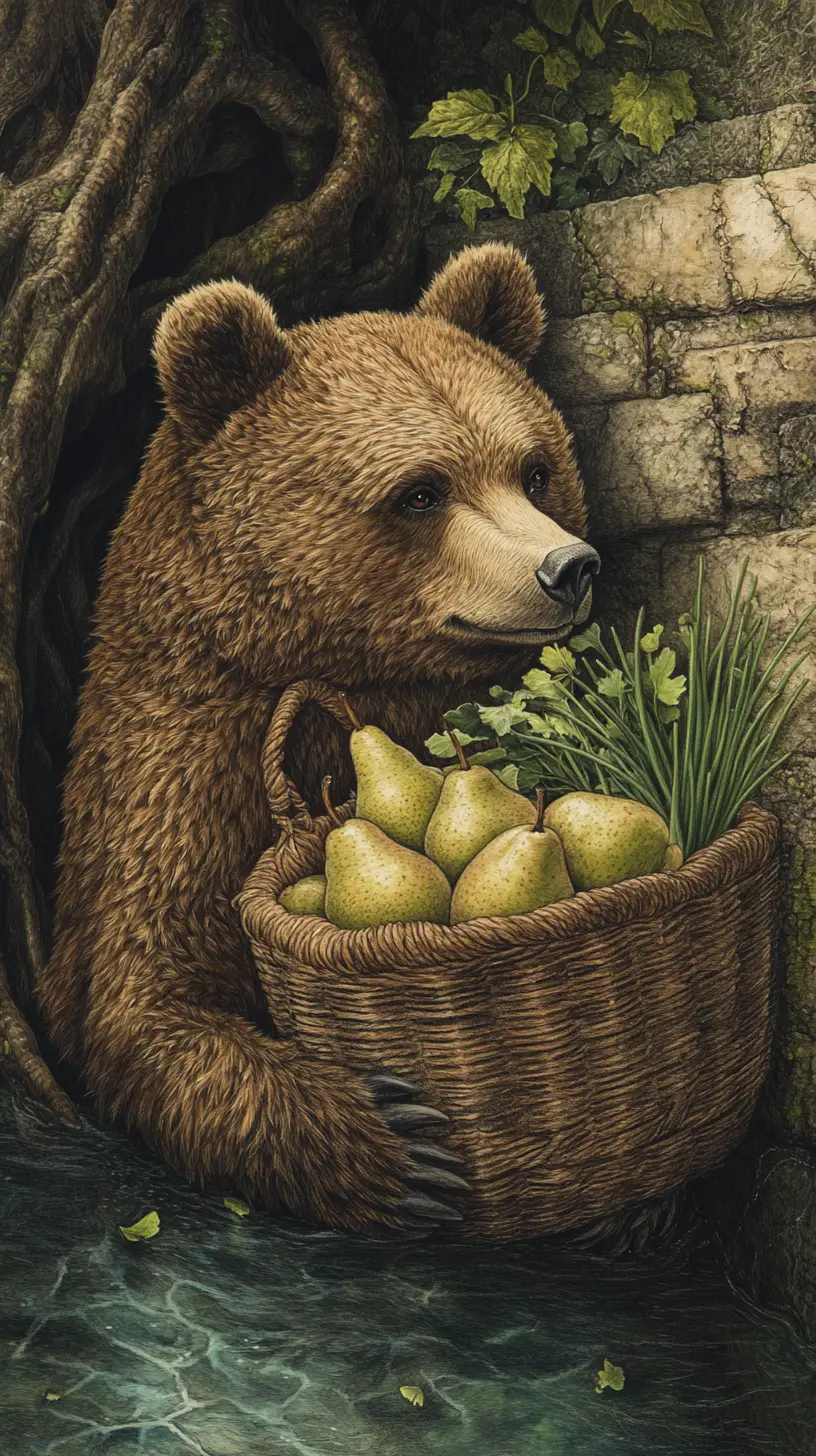 Whimsical Bear With Basket Resting By Enchanted Tree Root