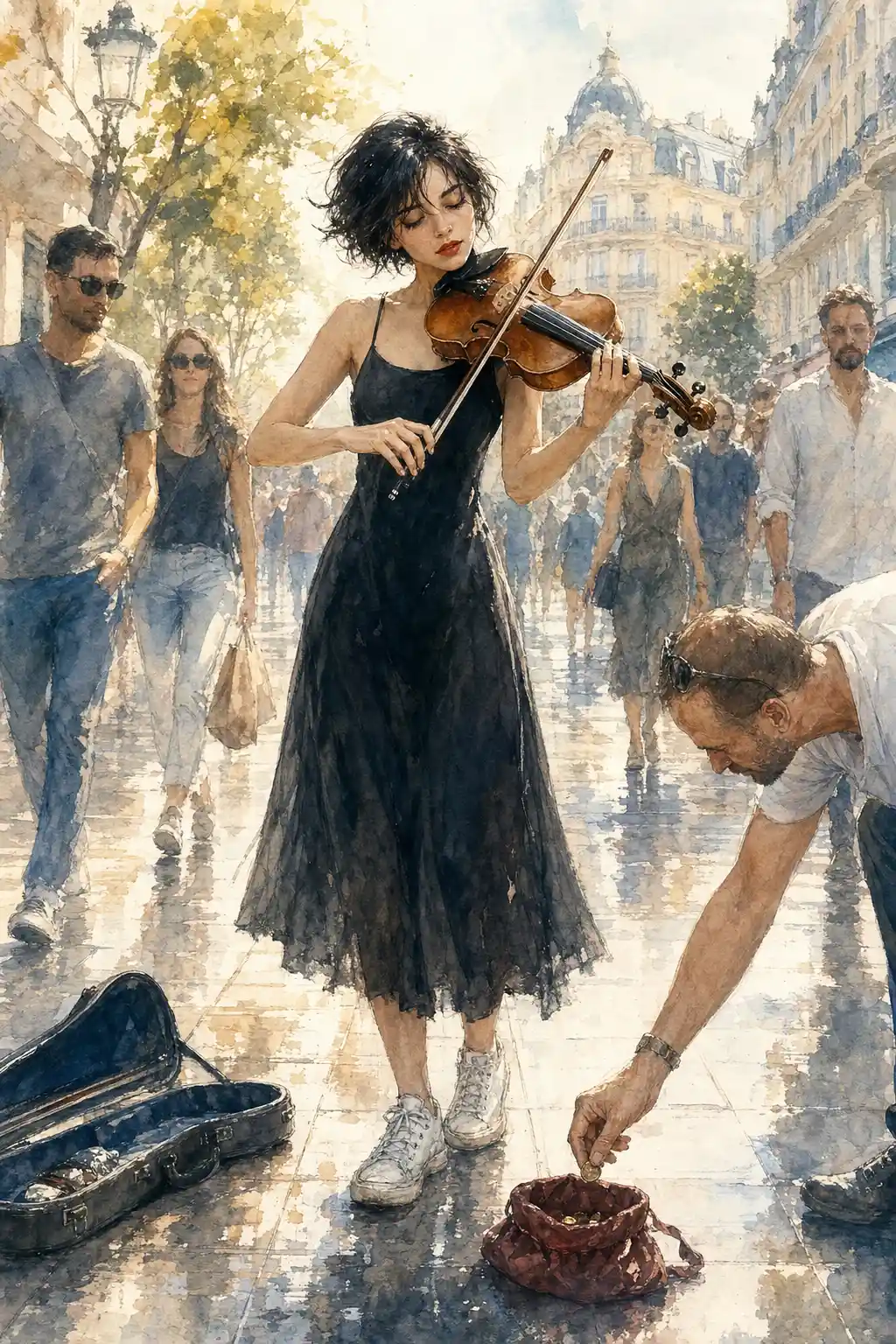 Watercolor street violinist woman in a black dress