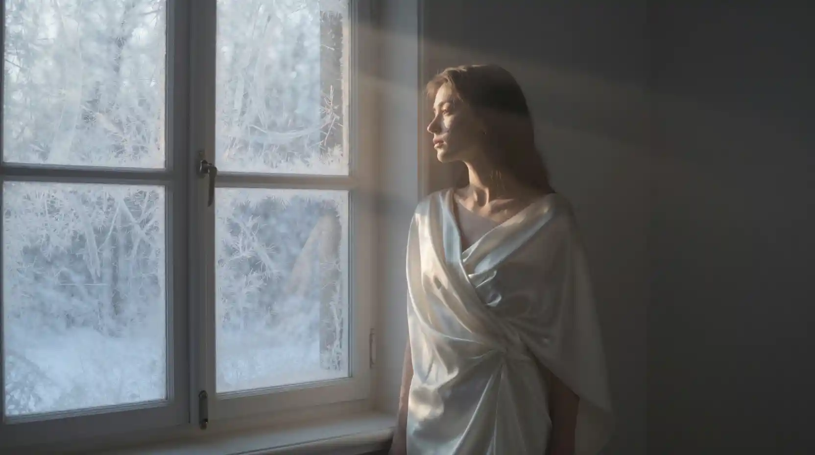 Woman In Ivory Silk By A Frosted Dawn Window