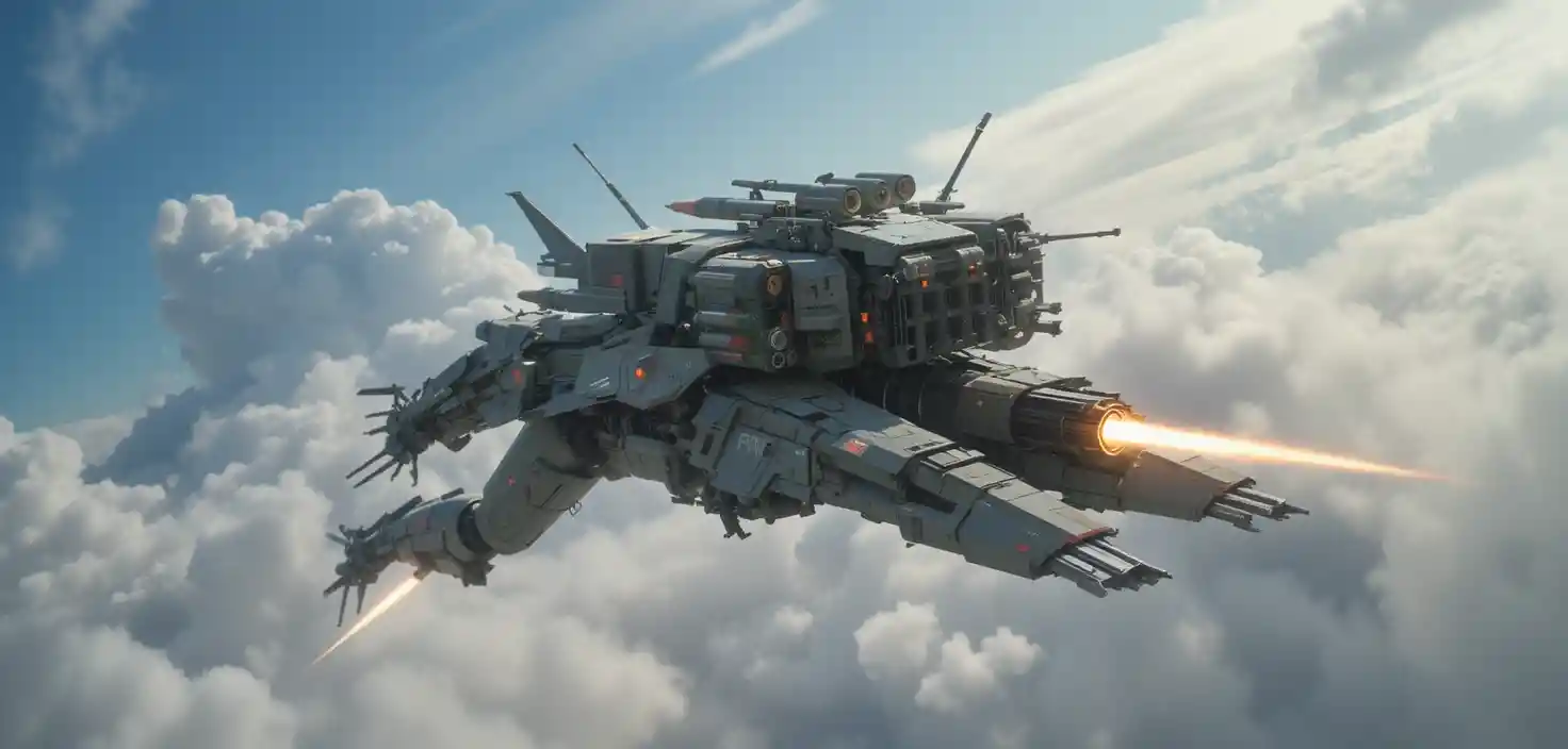 Mech suit flying through open sky with blazing foot jets