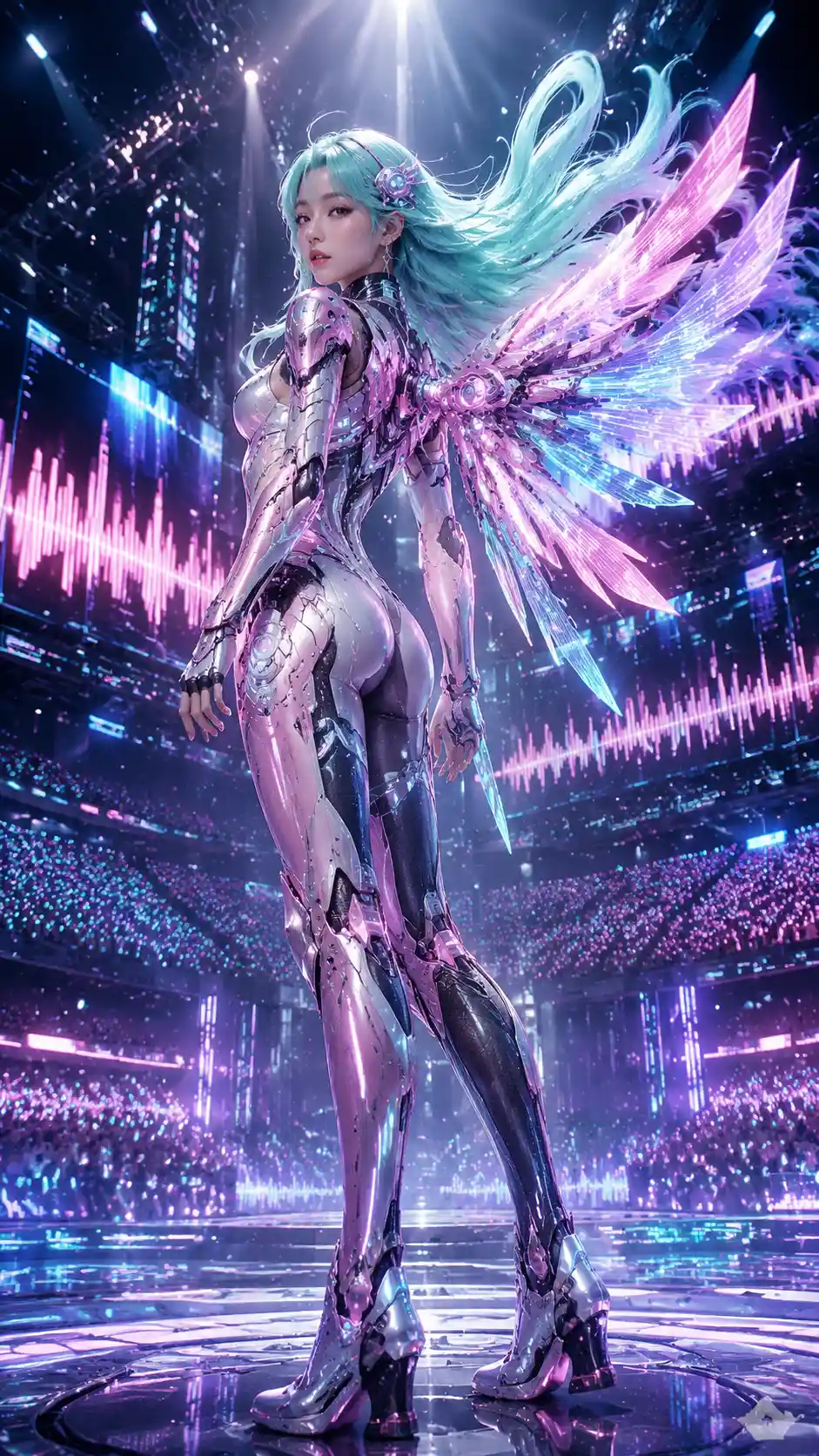 Futuristic K pop idol on holographic concert stage