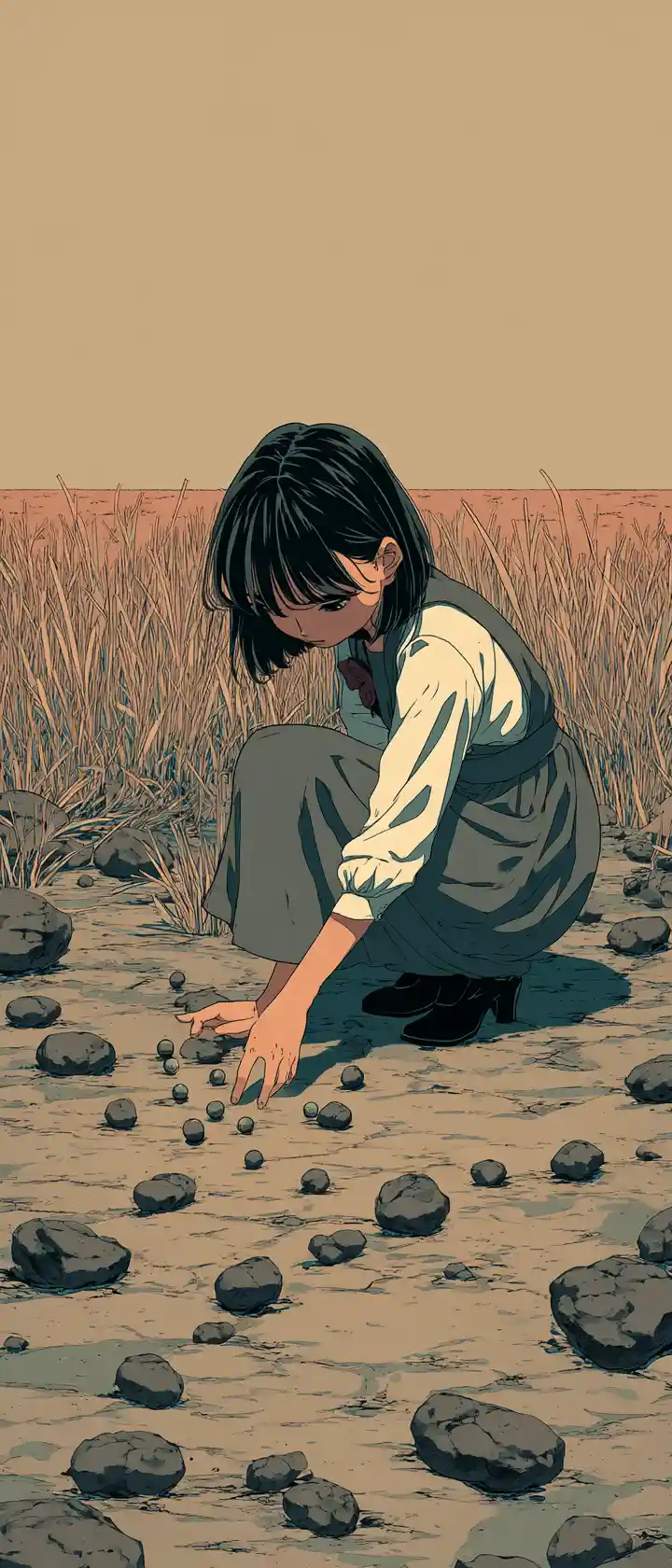 Sad anime girl planting seeds on a barren concrete field