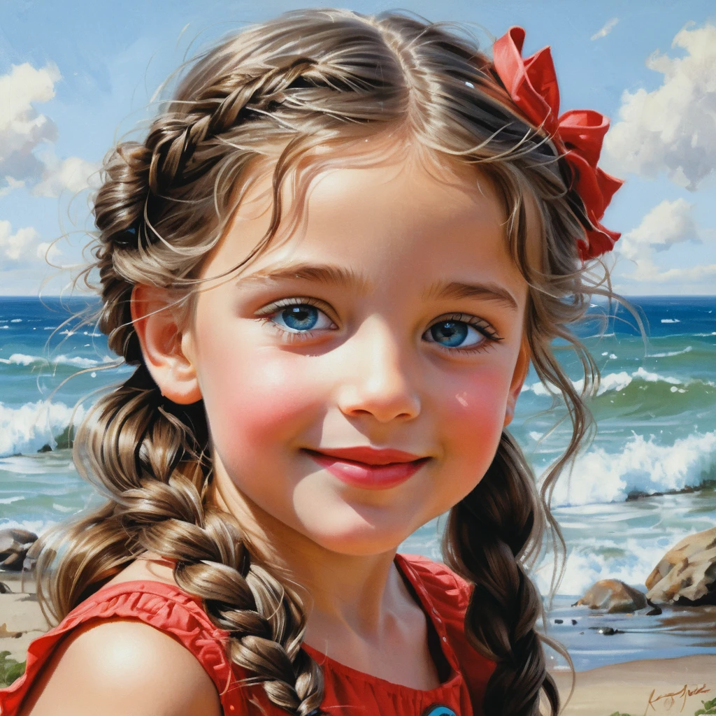 Smiling girl in red dress with lime green beret