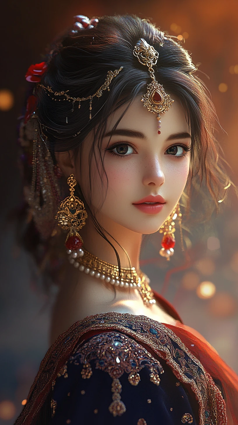 Elegant anime girl in ornate red and gold attire