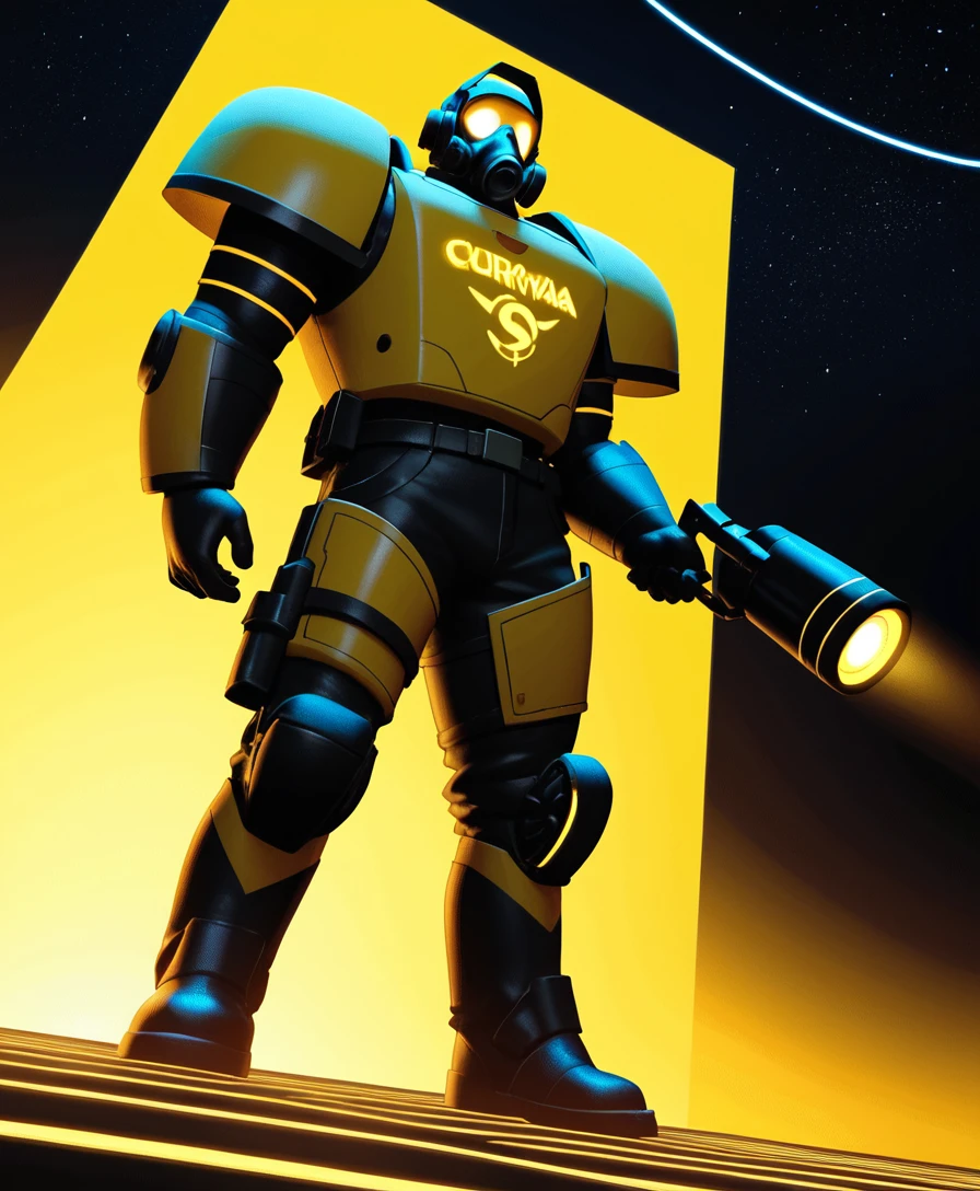 Armored sci fi soldier with flamethrower in glowing space