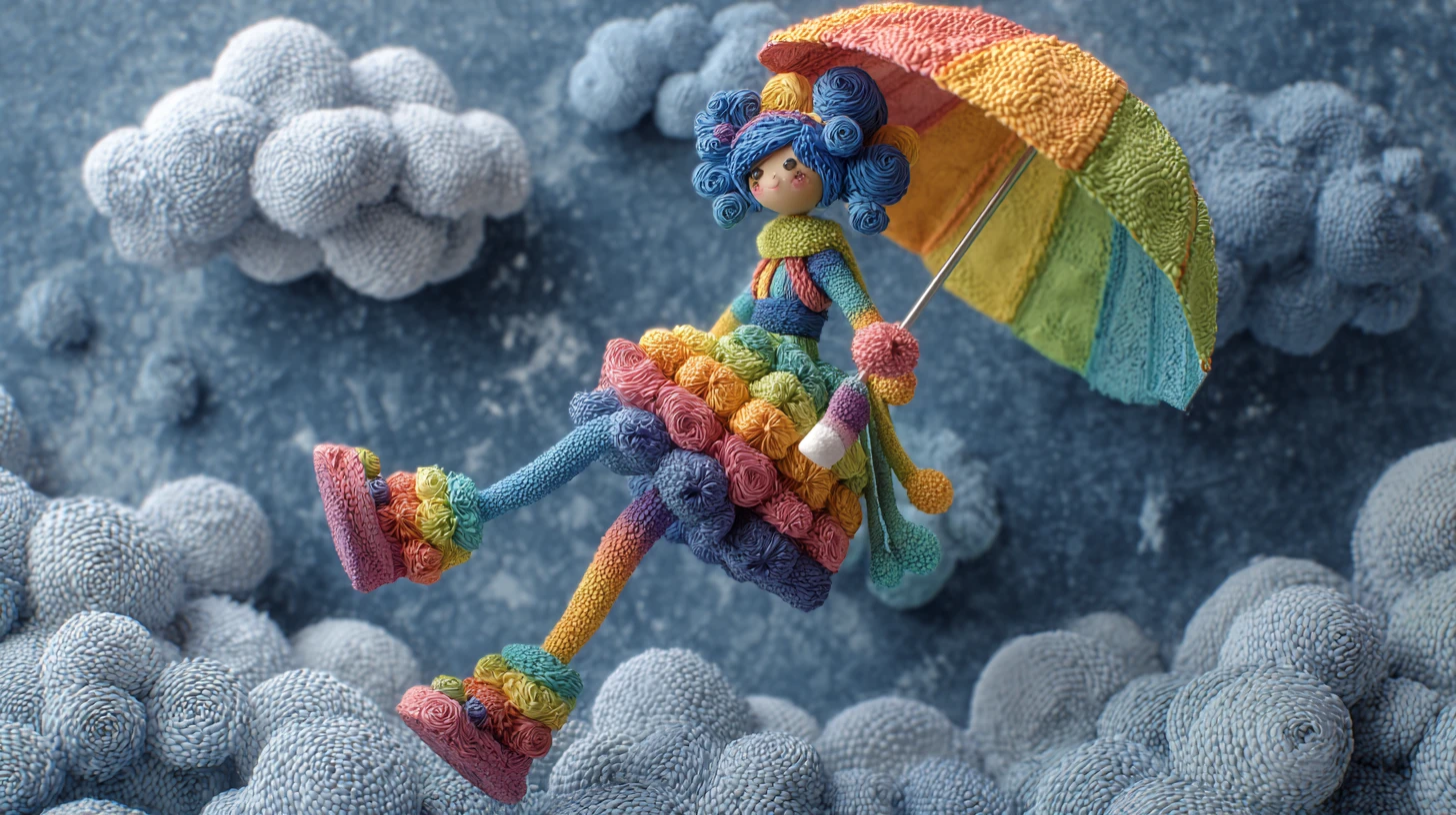 Claymation woman in sky inspired outfit with rainbow umbrella