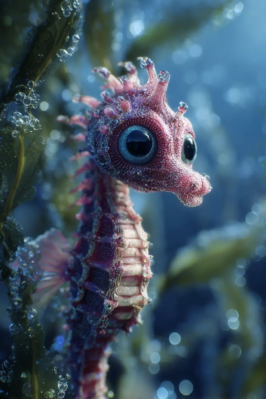 Colorful seahorse with silky skin in a bubbly underwater scene