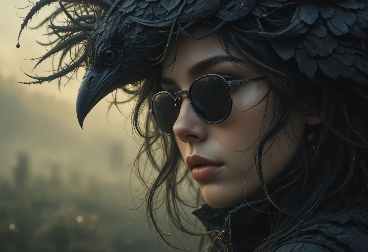 Extreme close up of a woman in dark sunglasses at dawn