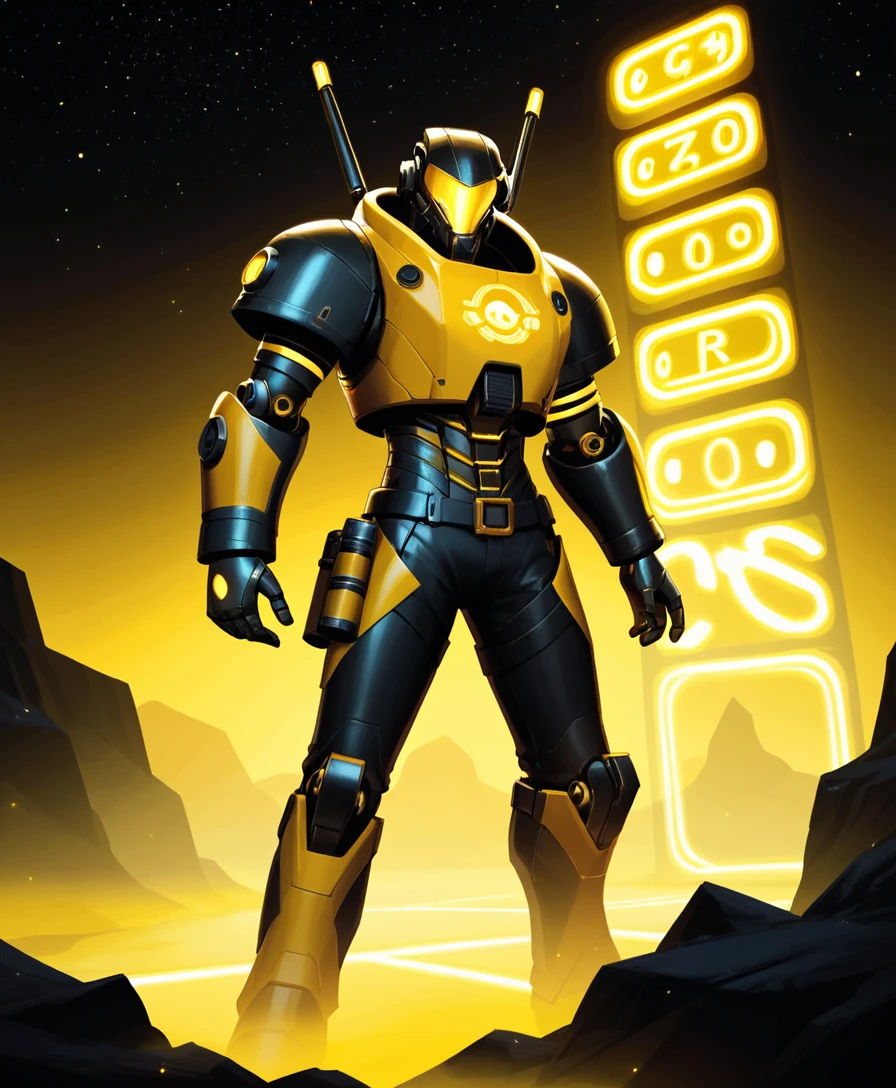 Armored sci fi warrior with neon machine gun in space