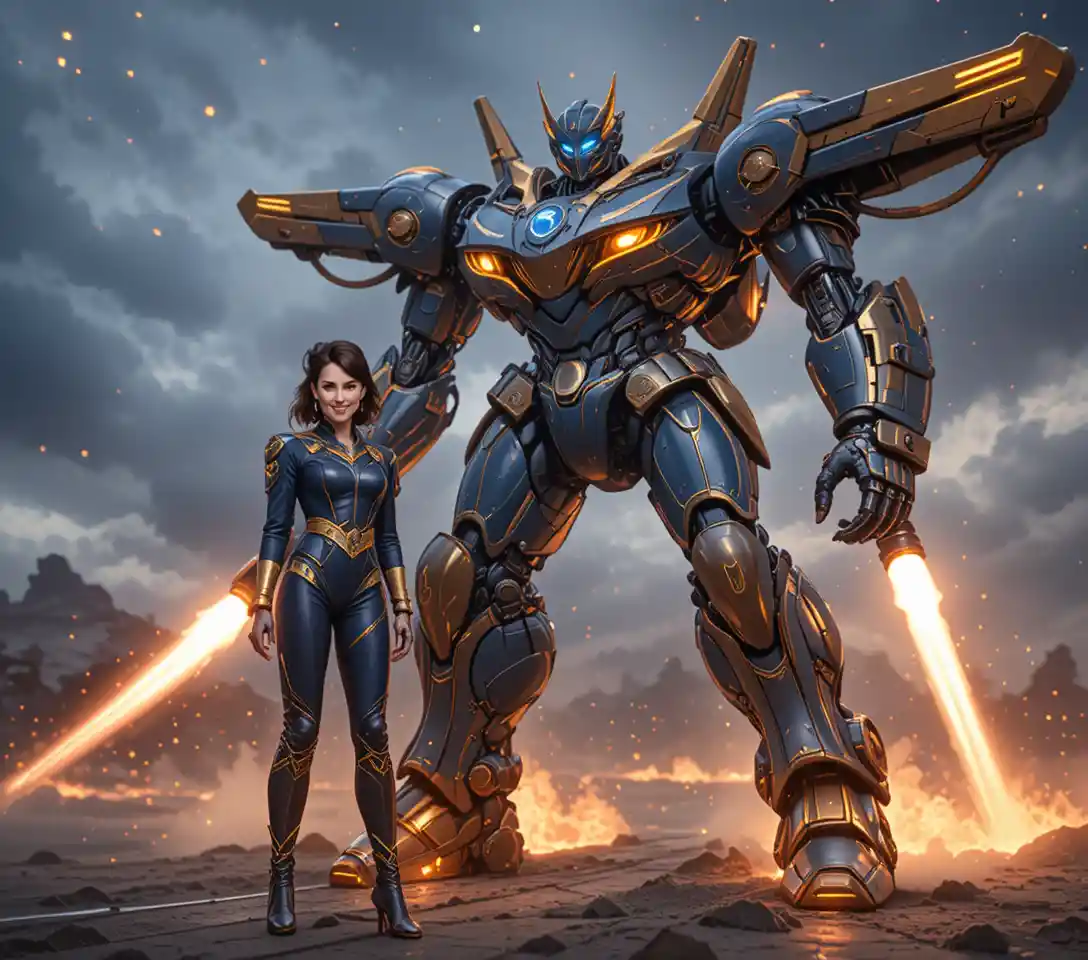 Sci fi woman in golden armor standing beside giant mecha