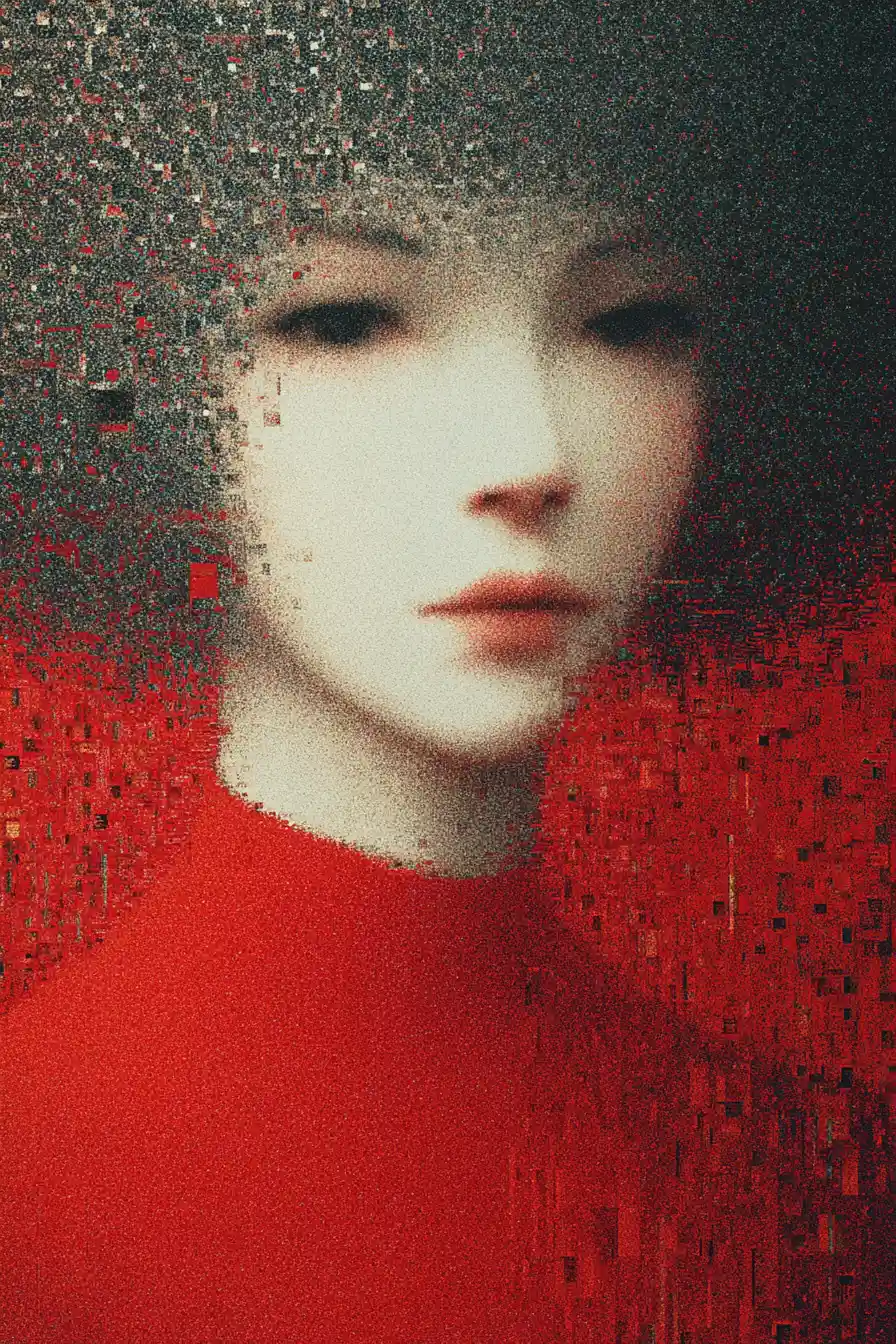 Surreal red toned woman dissolving in abstract collage