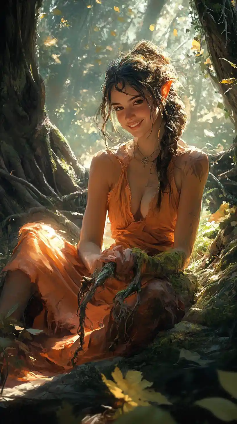 Forest sorceress woman smiling in soft green woodland light