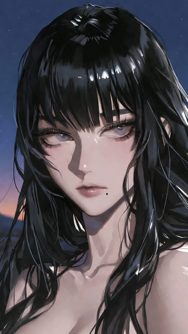Elegant anime girl under a clear twilight night sky