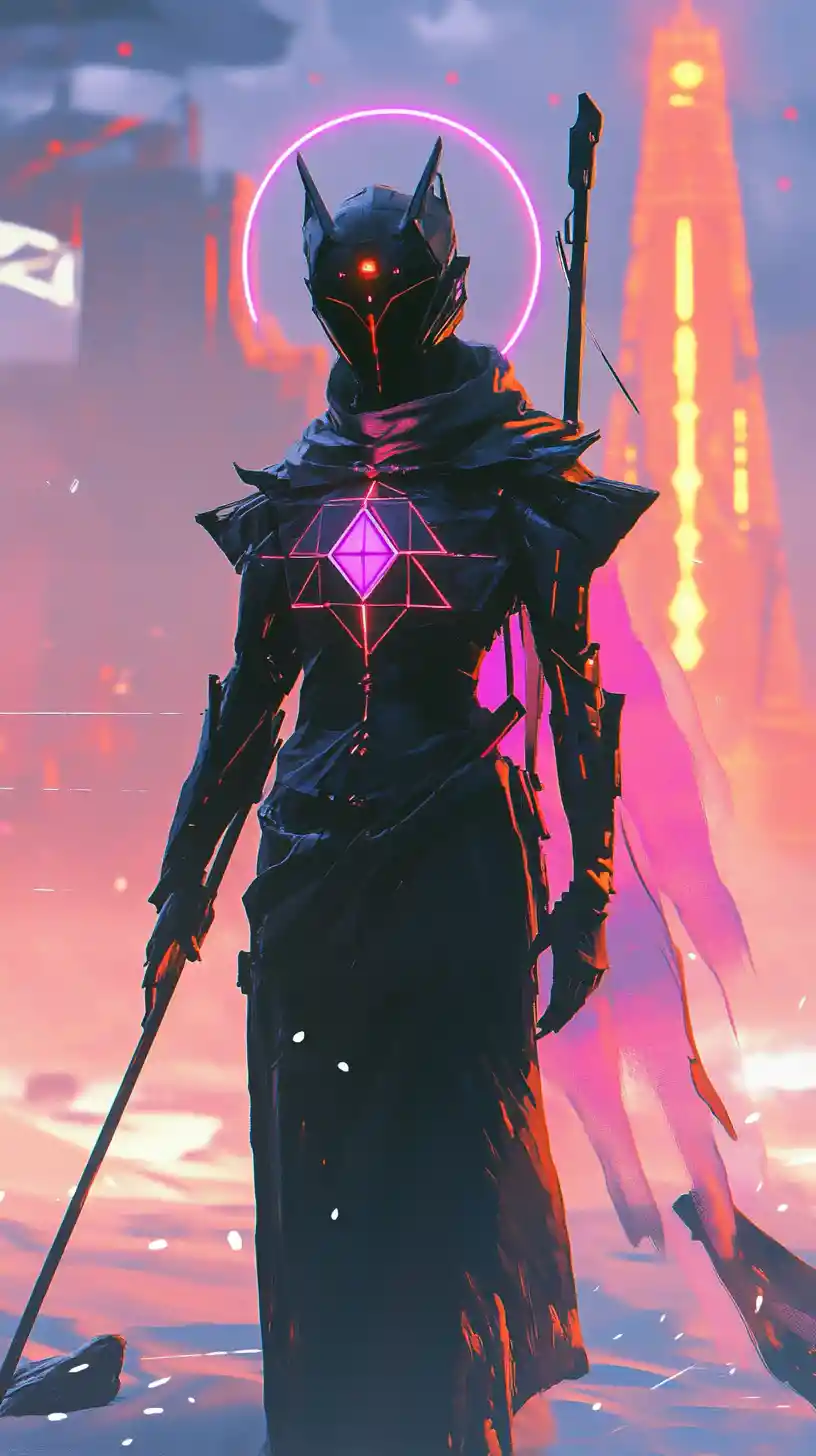 Futuristic warrior in glowing armor among ruined towers