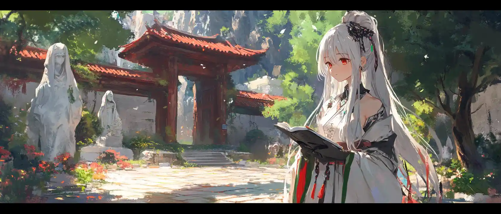 Anime girl in white robe standing in ancient temple courtyard