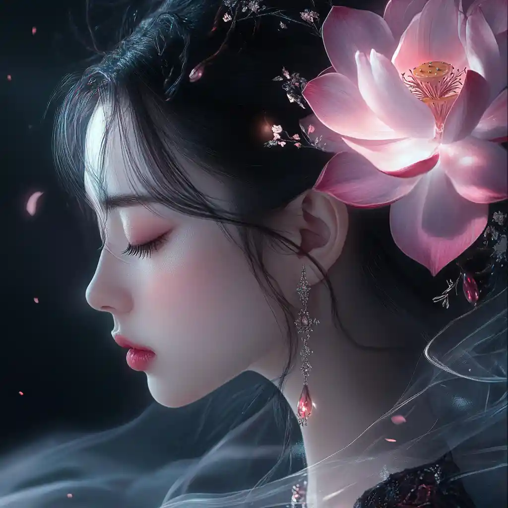 Ethereal anime woman with glowing lotus flowers and silk