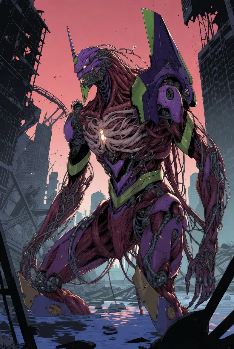 Surreal biomechanical mecha towering over flooded ruined city