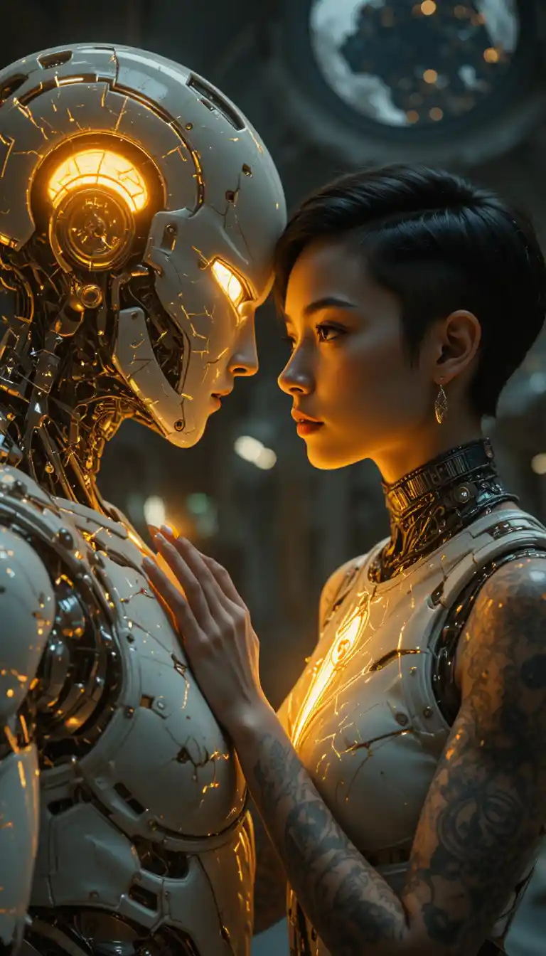 Cyberpunk pilot touching glowing kintsugi mech in hangar