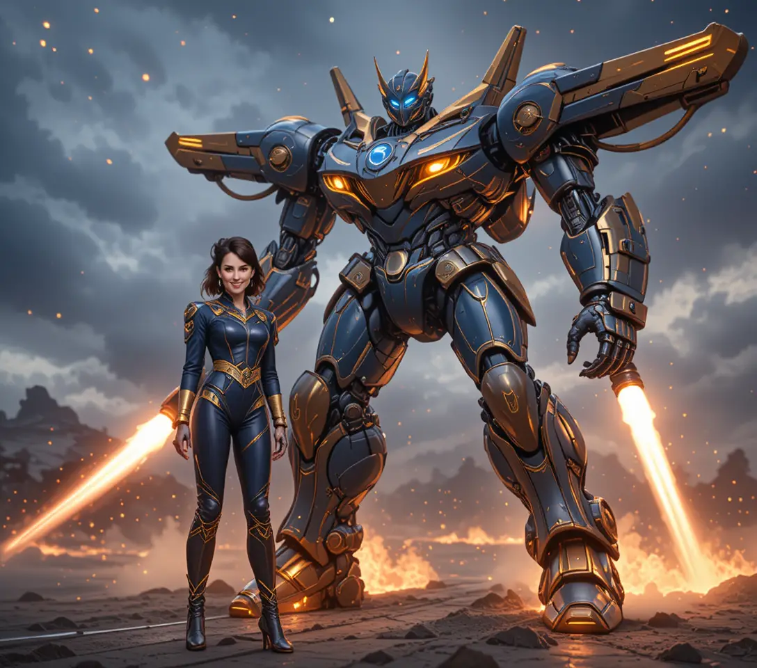 Sci fi woman in golden armor standing beside giant mecha