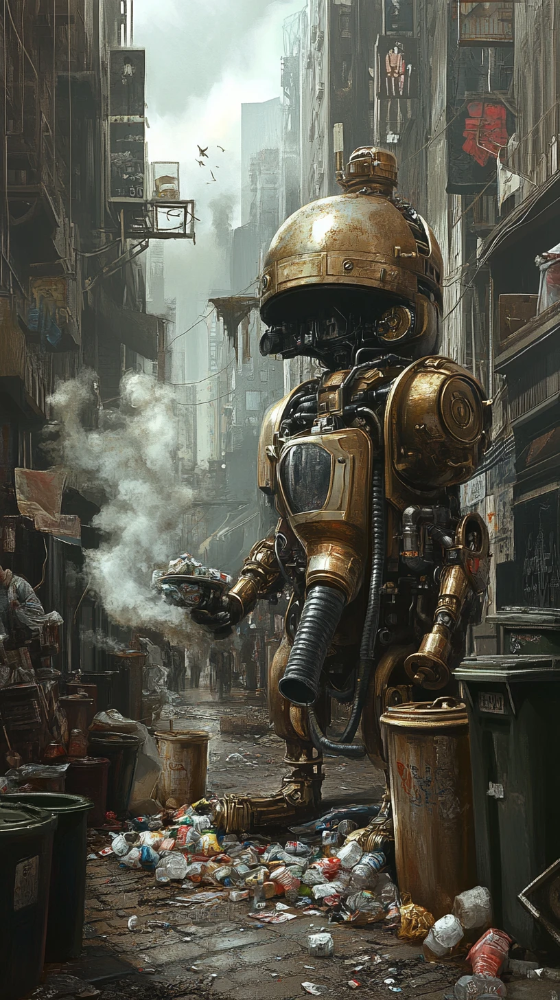 Gold steampunk robot garbage man on a busy city street