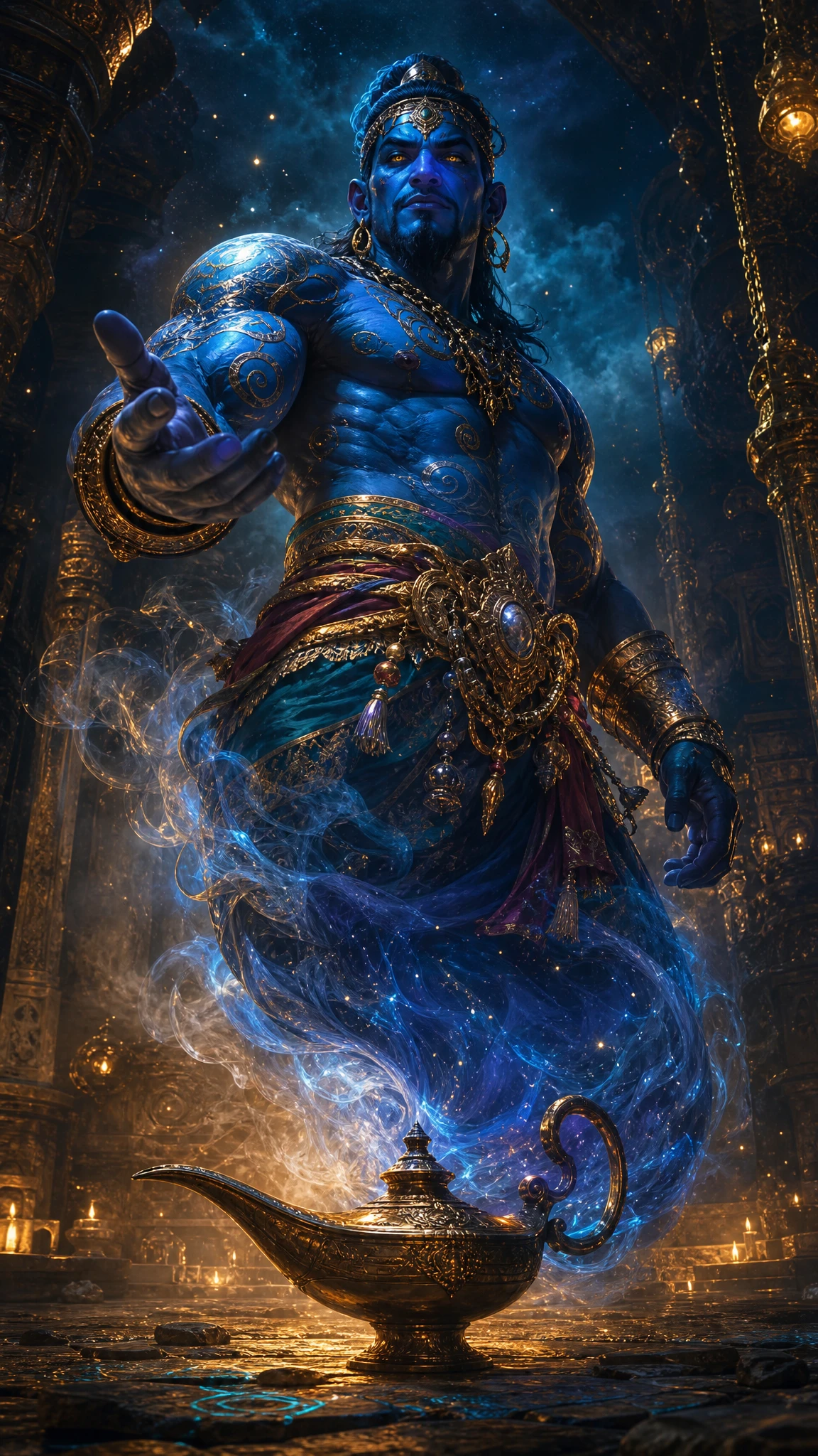 Majestic blue genie rising from an ornate brass lamp