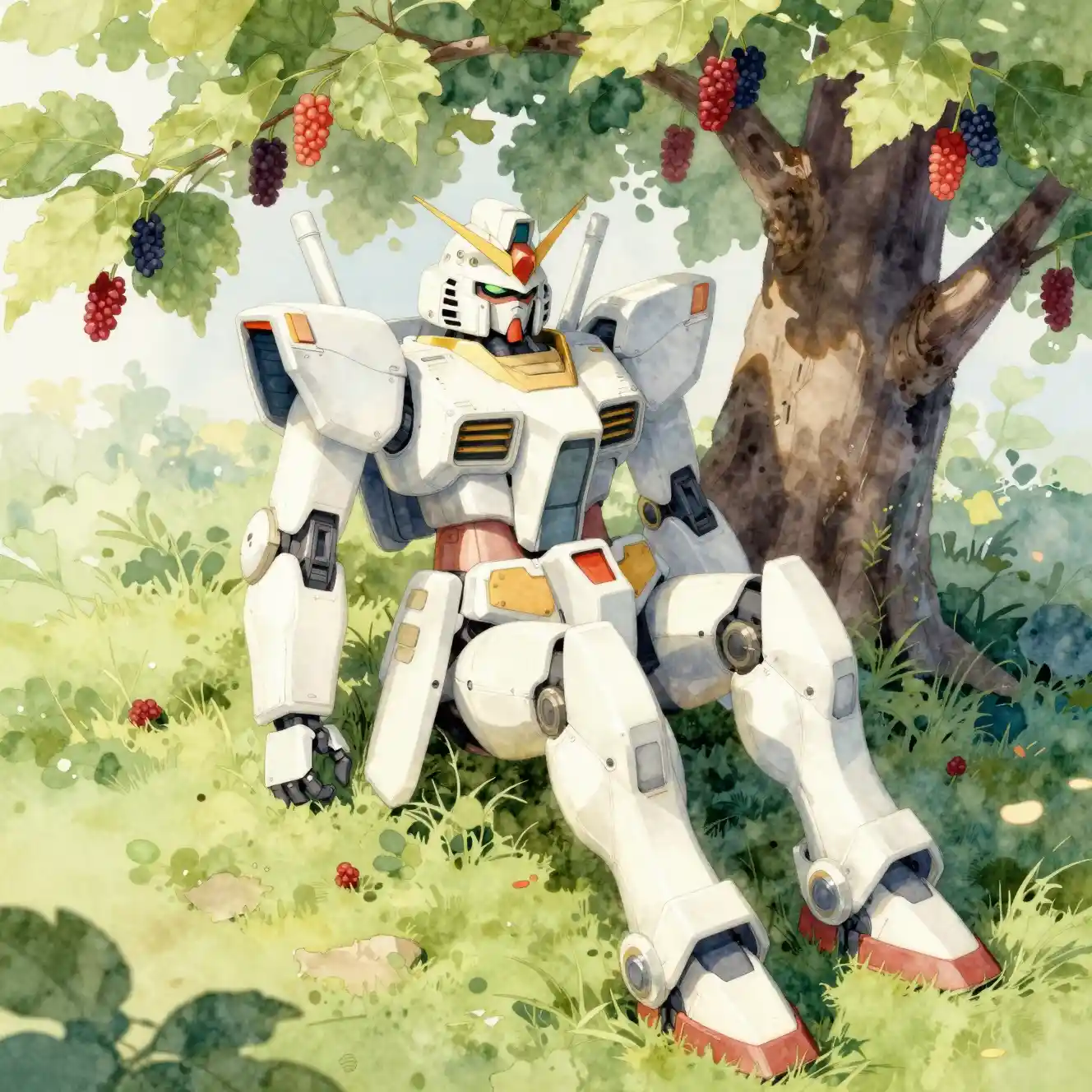 White mecha resting beneath a mulberry tree in dramatic light