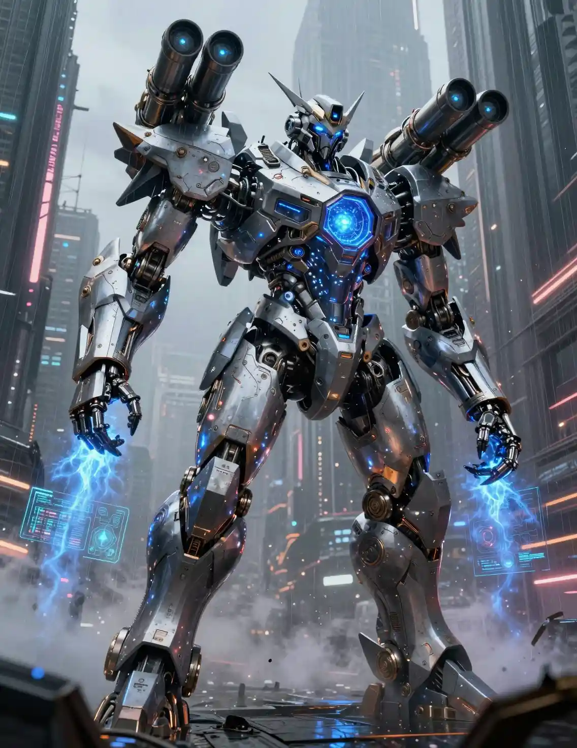 Colossal war mecha towering above a neon megacity