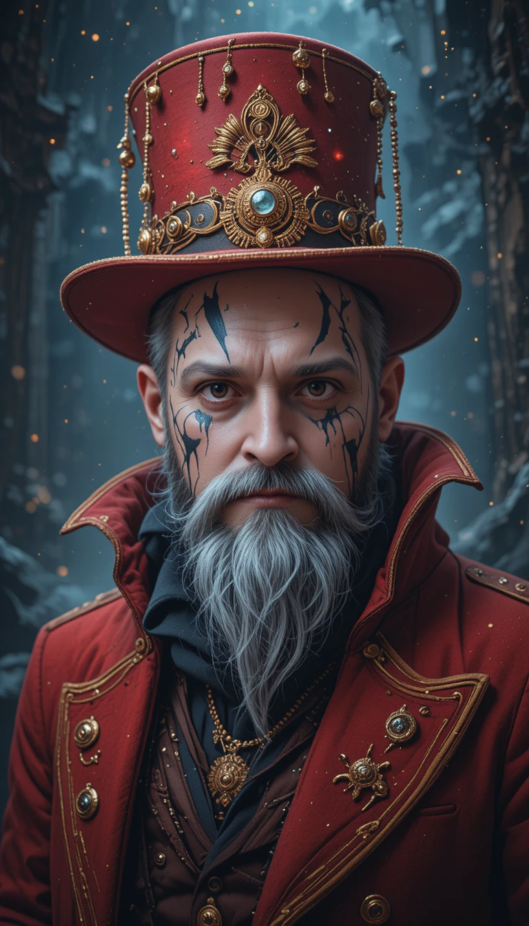 Steampunk man in red top hat with fierce face paint