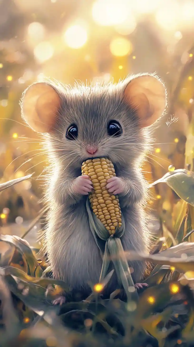 Cute mouse holding corn in a soft watercolor field
