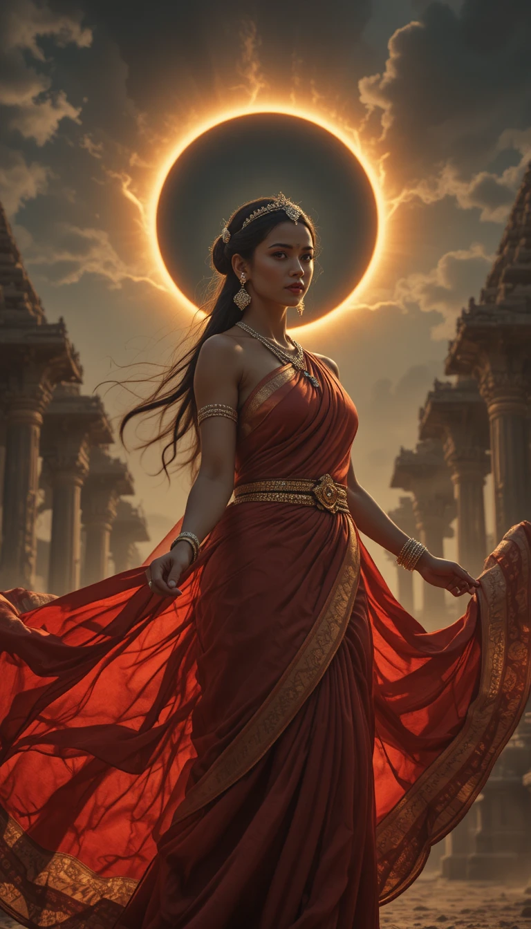 Woman in red saree beneath eclipse over ancient temple