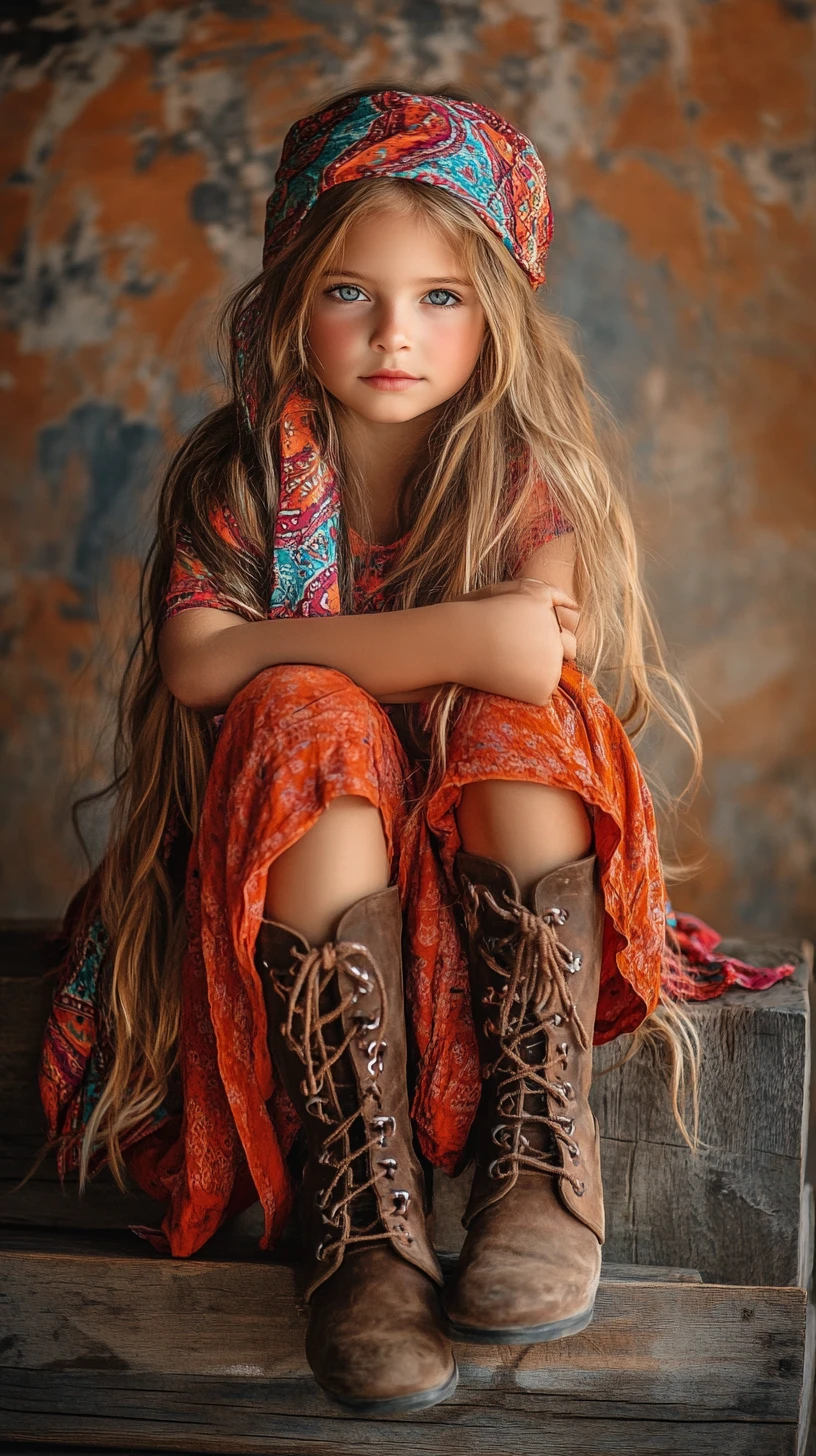Bohemian girl in orange dress sitting on wooden surface