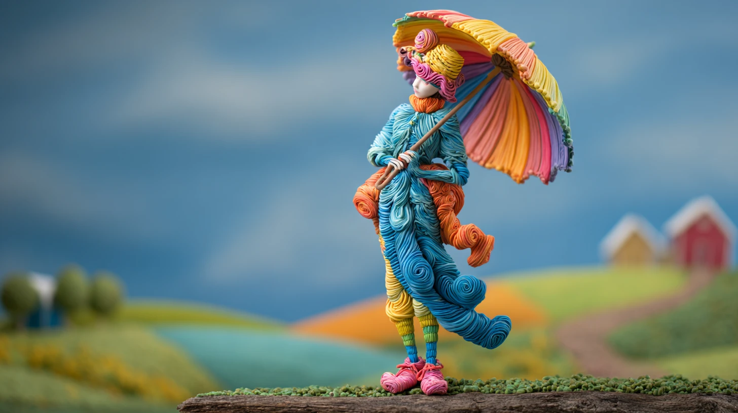Clay woman with colorful umbrella in peaceful landscape