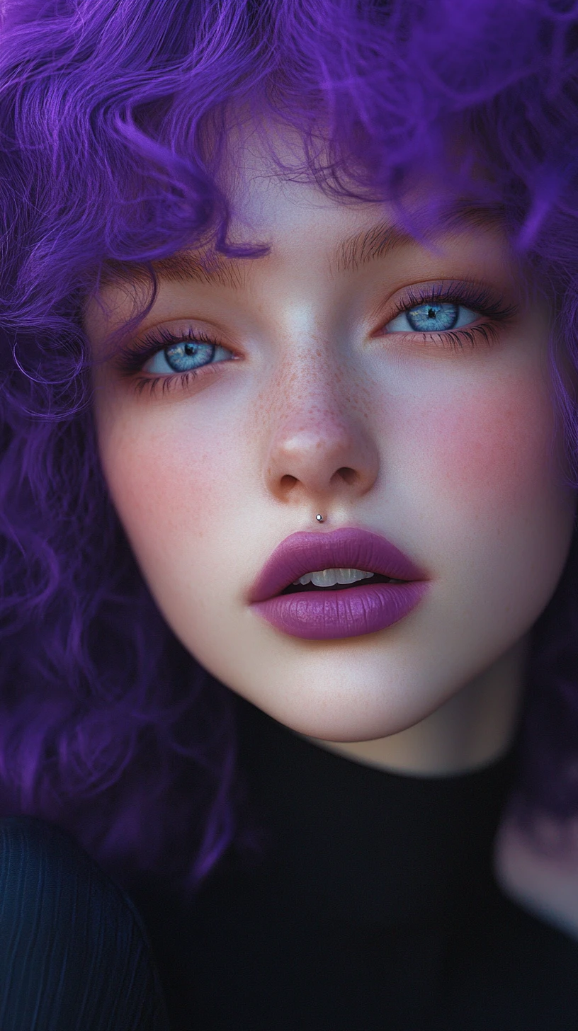 Purple haired girl portrait with luminous pale skin