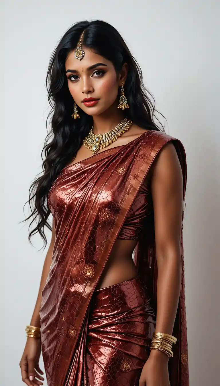 Indian woman in glossy saree with bold bridal styling