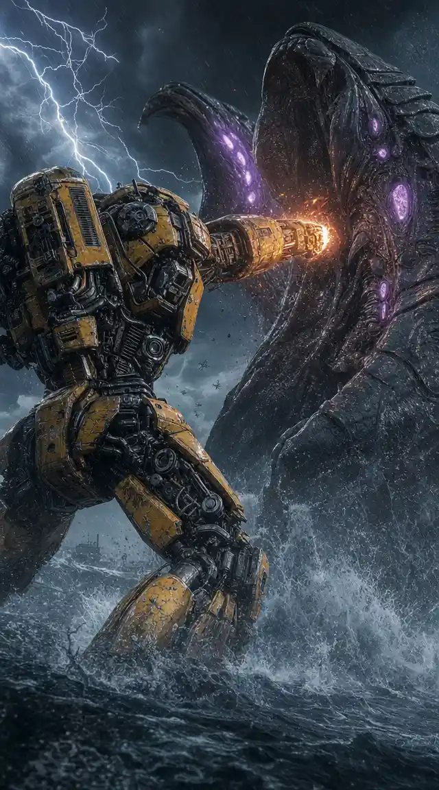 Giant mech punching leviathan in a stormy ocean battle