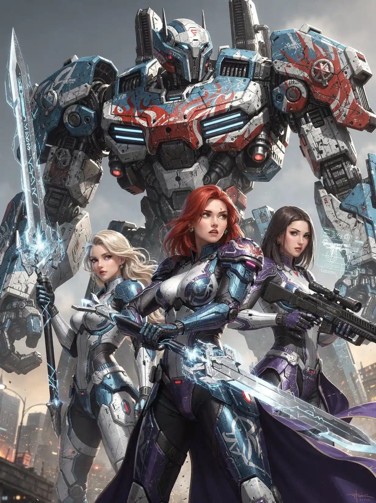 Futuristic warrior women with colossal combat robot