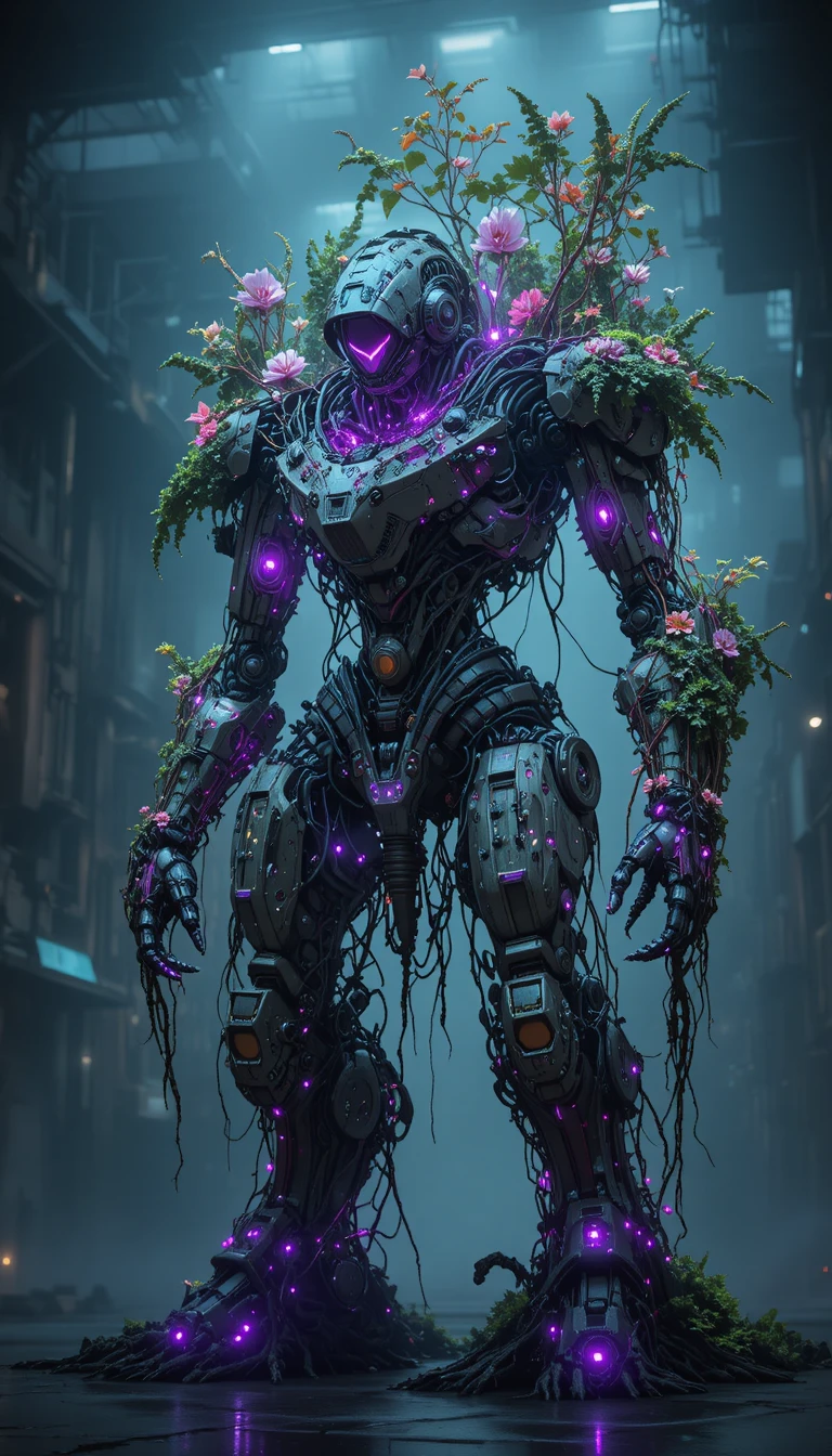 Bioluminescent Mech Suit With Pilot In Industrial Hangar