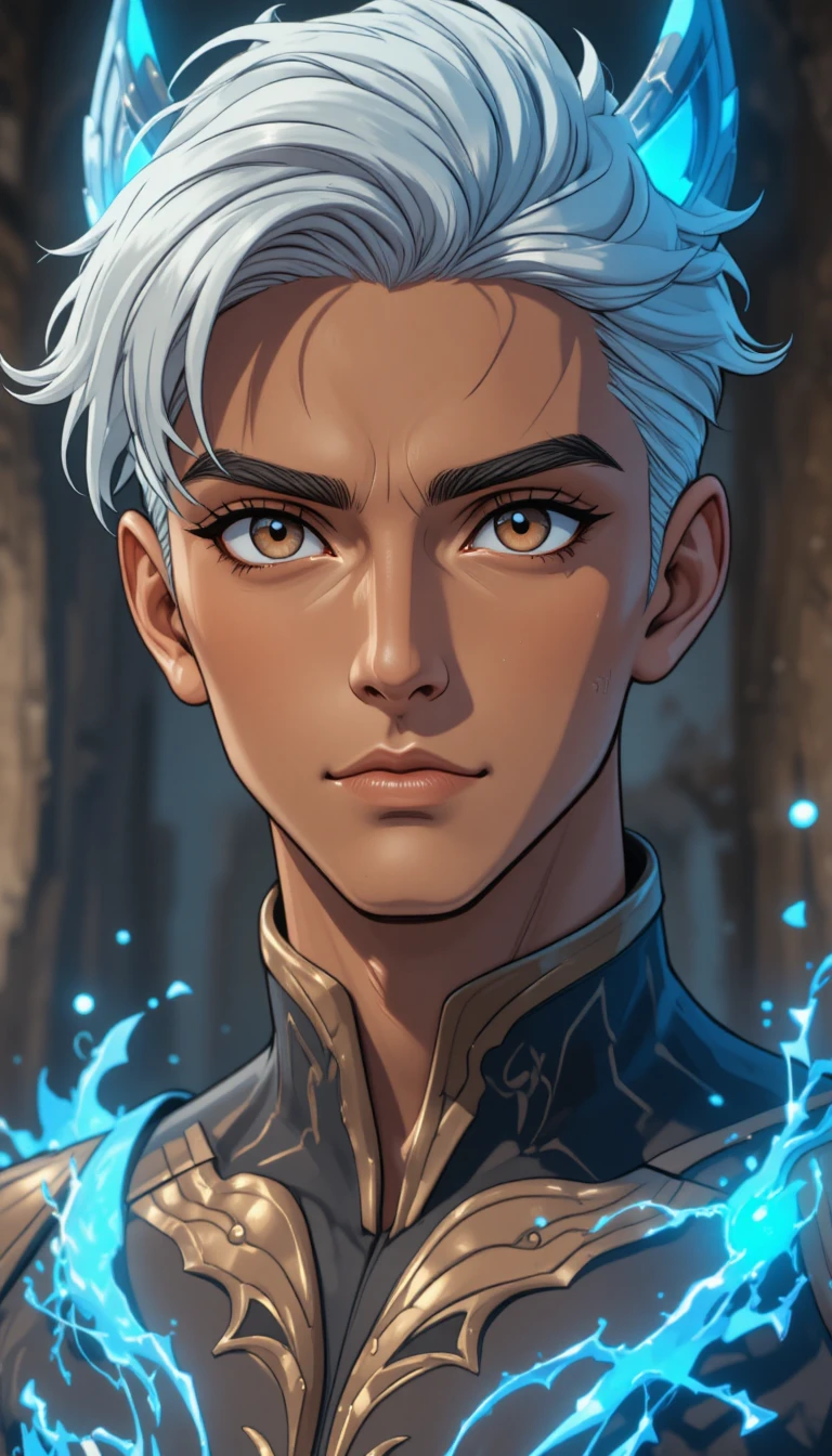 Fantasy anime man with white hair and glowing blue antlers