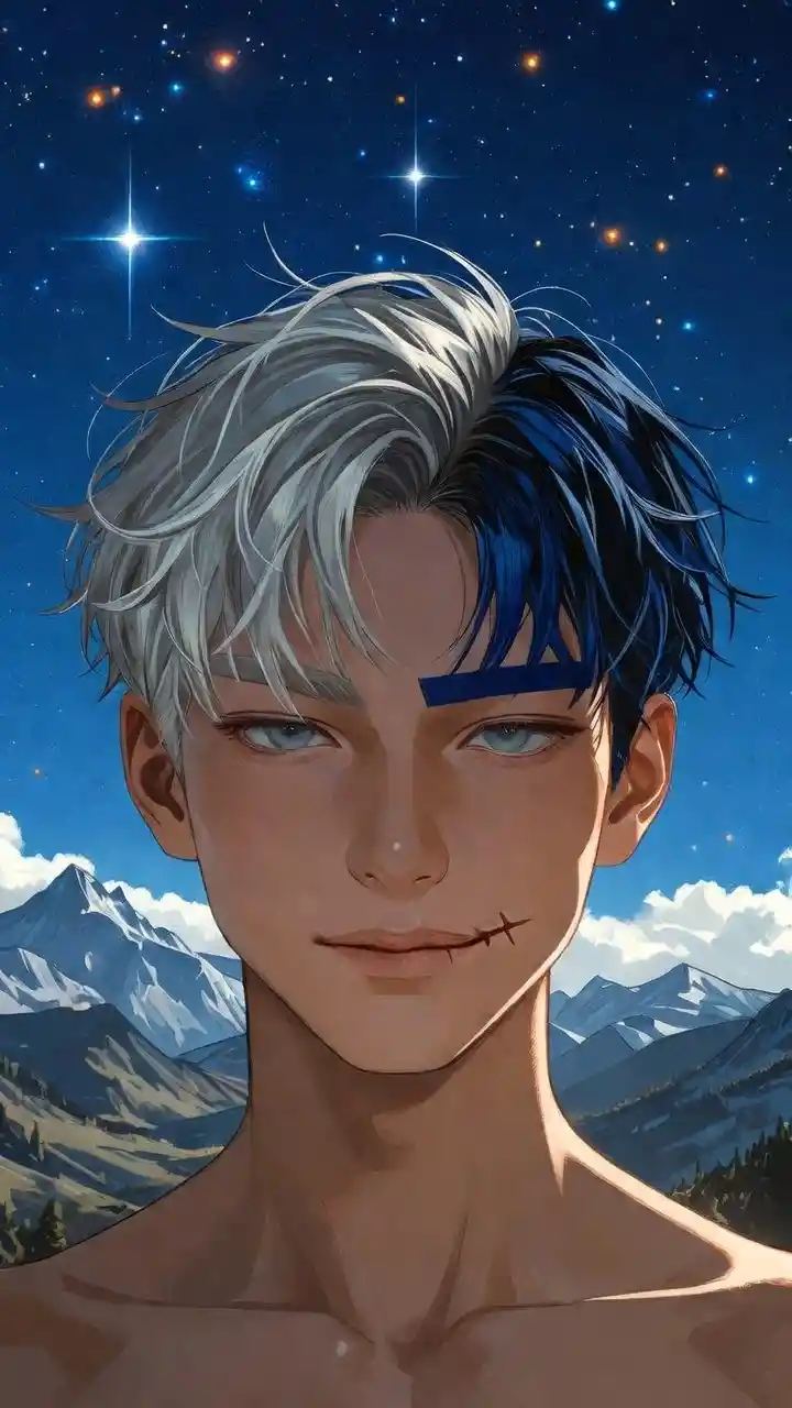 Anime man under starry sky in mountain landscape