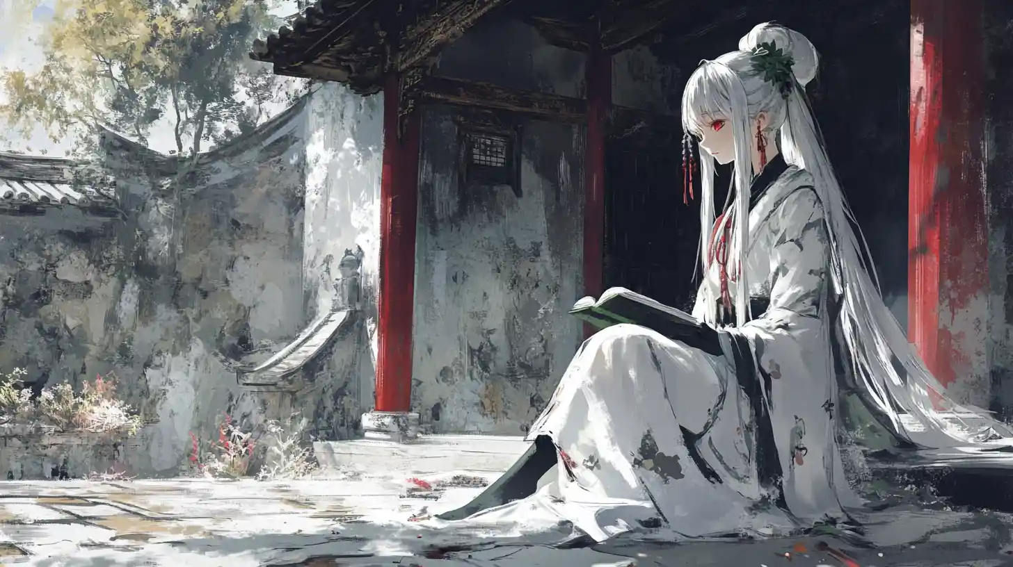 White haired anime girl in a cliffside temple courtyard