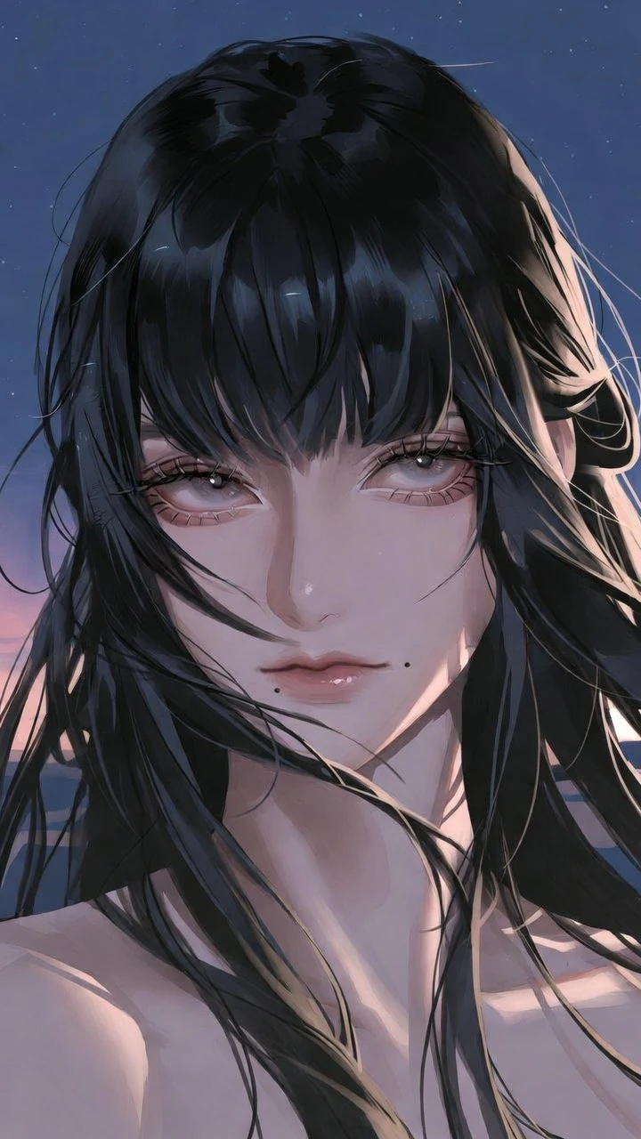 Elegant anime girl under a clear dusky night sky