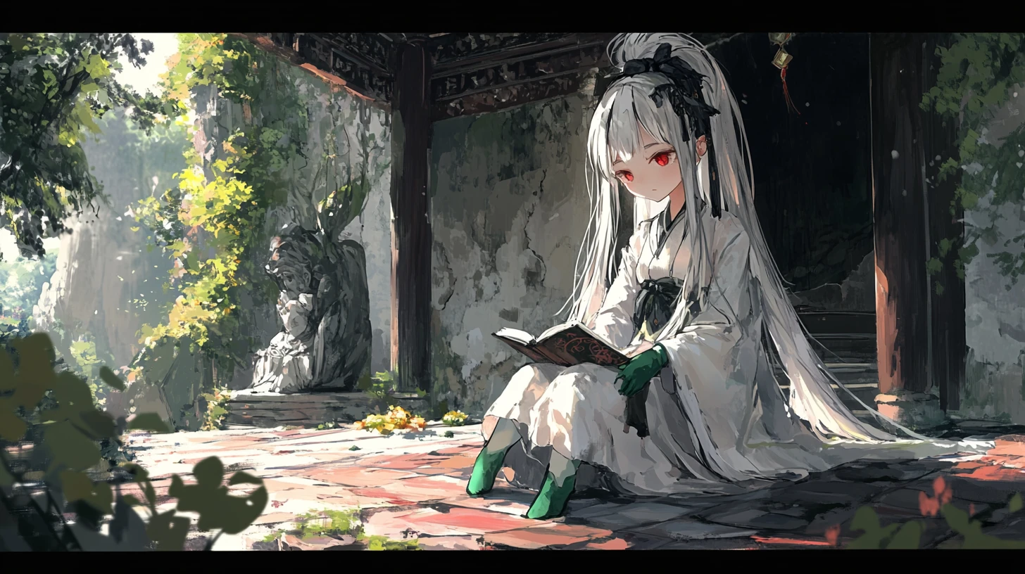 Anime girl in white robe standing in cliffside temple courtyard