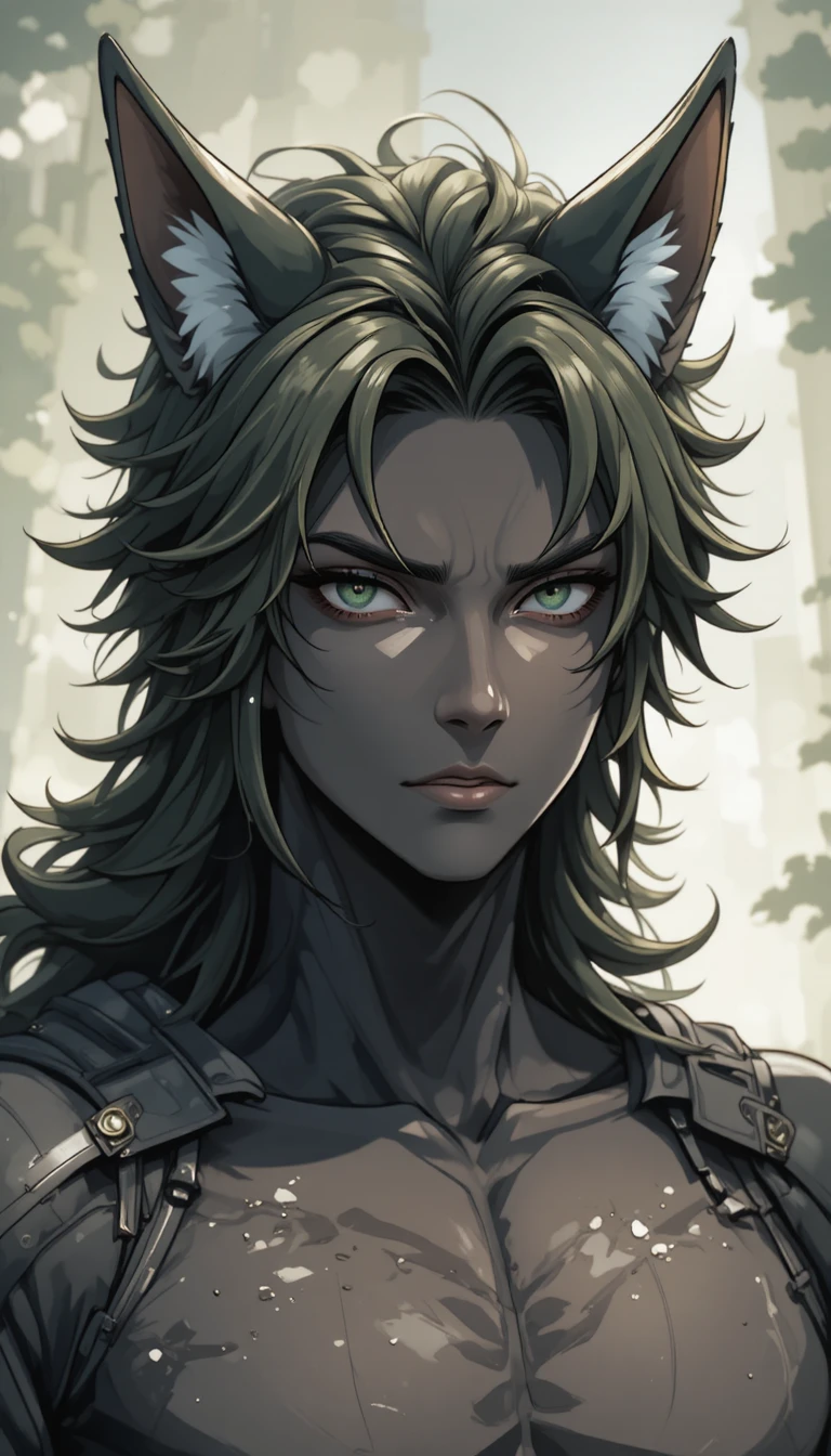 Middle aged anime man with fox heritage and green eyes
