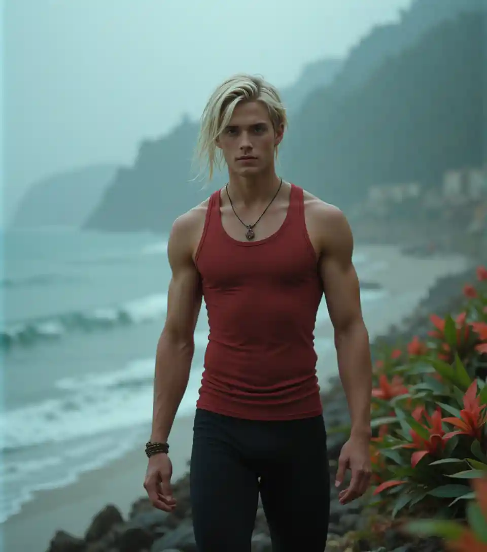 Blond young man walking along a misty summer beach