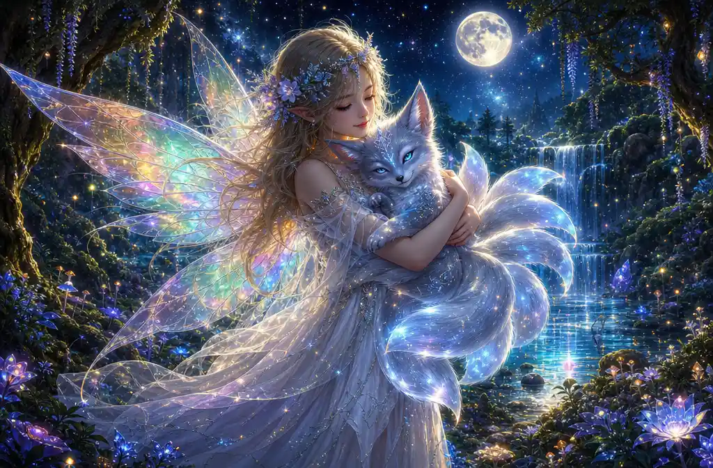 Rainbow fairy holding a glowing kitsune in moonlit forest