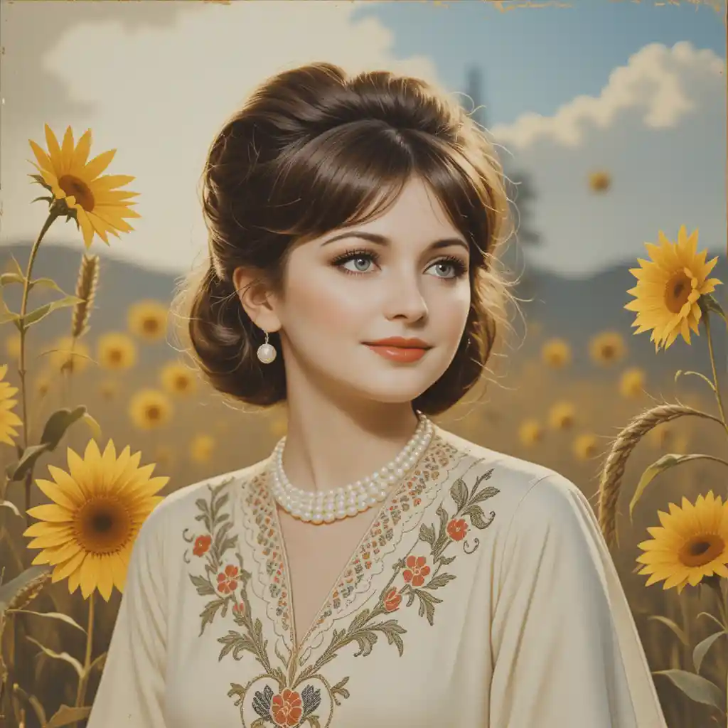 Romantic Ukrainian singer on vintage sunflower record cover