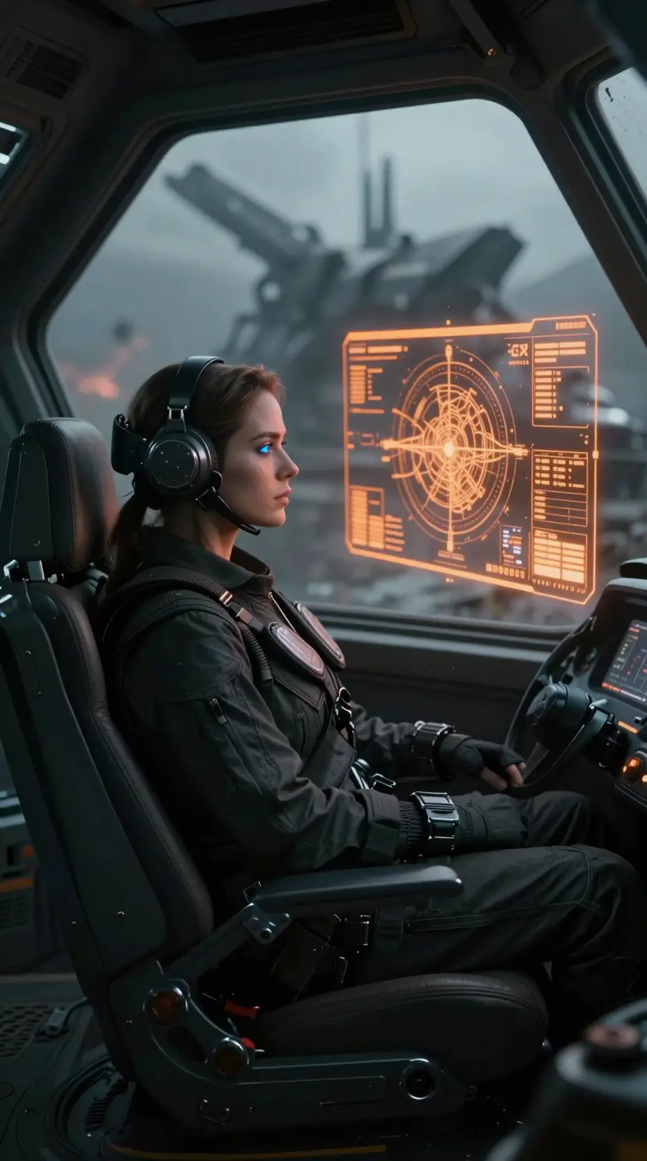 Female pilot in a futuristic war machine cockpit